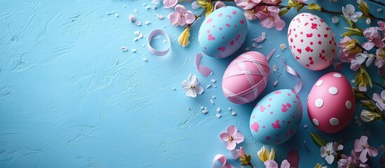 Aufkleber - Colorful Easter eggs with floral accents on pastel blue background for spring holiday decoration and celebration concept
