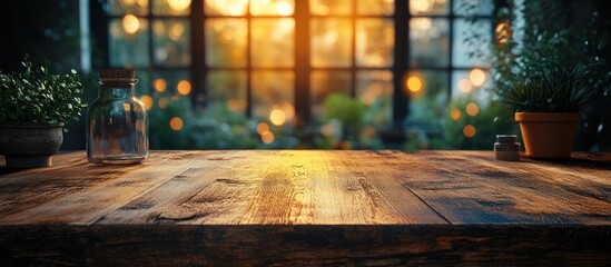 Poster - Wooden table top with blurred bokeh background and warm lighting for product display or promotional banners in a cozy setting