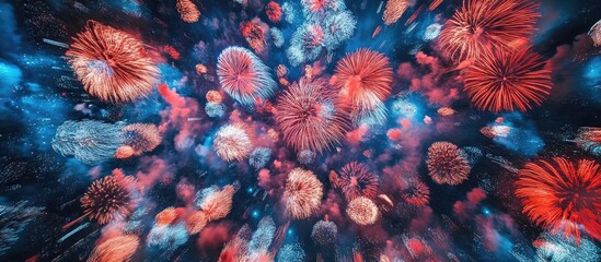 Poster - Spectacular fireworks display with vibrant colors illuminating the night sky in a festive celebration atmosphere