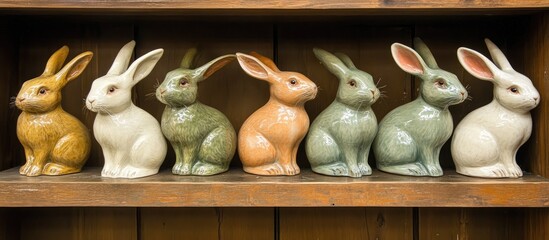 Poster - Colorful handcrafted ceramic rabbits arranged neatly on a wooden shelf showcasing craftsmanship and charm in decor elements.