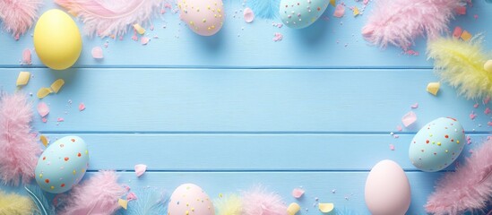 Poster - Easter themed frame with colorful eggs and feathers on a blue wooden background creating a minimalistic card design with copy space.