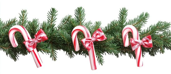 Aufkleber - Christmas Frame with Fir Tree Branch and Candy Canes Decorated with Bows on White Background Ideal for Festive Text Insertion