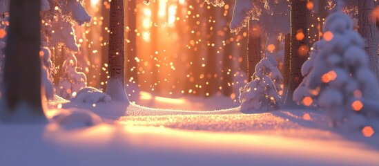 Poster - Sunlit snowy forest with pine trees creating a serene winter landscape and gentle snowfall in the golden hour light
