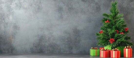Poster - Christmas tree adorned with decorative gifts on a textured grey background perfect for holiday celebrations and festive designs