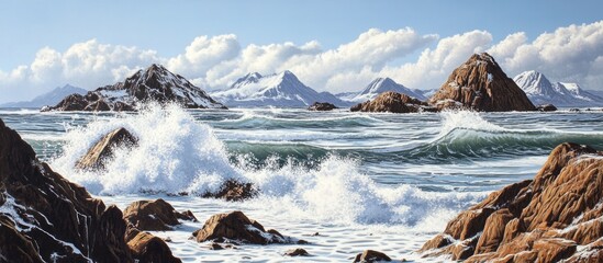Poster - Serene coastal landscape featuring crashing waves and majestic mountains under a clear blue sky with fluffy clouds