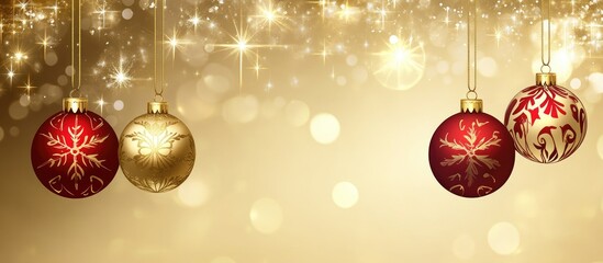 Poster - Elegant Christmas ornaments in gold and red hues against a shimmering golden backdrop with sparkling lights and bokeh effects.