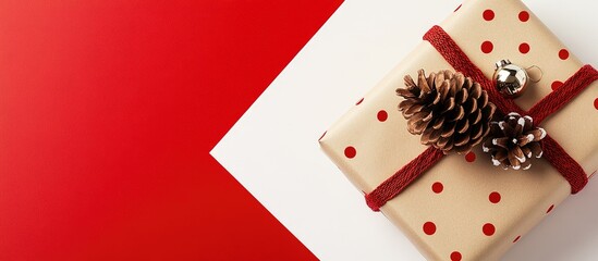 Poster - Christmas gift box decorated with polka dots jingle bells and pine cone on a festive red and white background for holiday celebrations