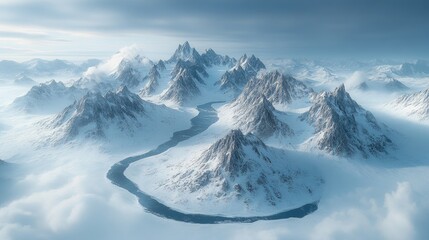 Poster - Aerial view of a snow-covered valley showcasing majestic mountains and a winding river under a serene cloudy sky