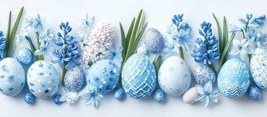 Poster - Blue hyacinth flowers and decorative Easter eggs arranged on a white background for a spring celebration theme