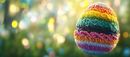 Aufkleber - Vibrant knitted Easter egg against a blurred green background capturing the essence of spring and festive celebrations