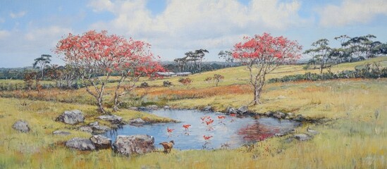 Poster - Scenic valley landscape featuring vibrant trees, tranquil water, and rocky formations under a bright sky inviting nature's beauty.