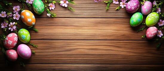 Wall Mural - Easter eggs and flowers arranged on a rustic wooden background creating a festive spring atmosphere