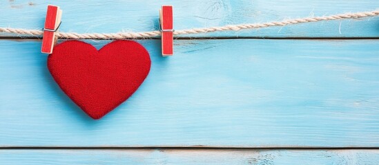 Poster - Red felt heart hanging on a clothesline against a blue wooden background symbolizing love and affection in a creative concept image.