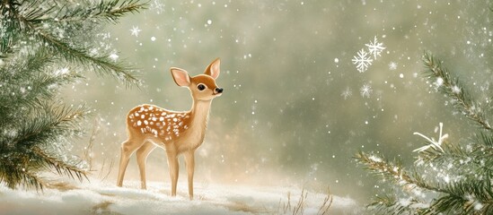 Poster - Serene winter scene with a gentle deer surrounded by snowflakes and evergreen trees creating a festive holiday atmosphere