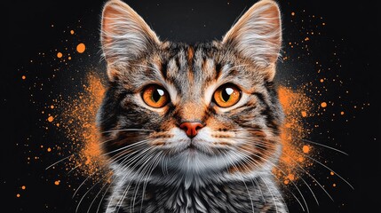 Poster - Majestic close-up of a large tabby cat with striking orange eyes against a dark backdrop highlighting its playful expression and intricate fur patterns.