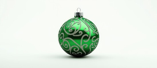 Poster - Elegant green Christmas ornament with intricate silver swirls isolated on a clean white background perfect for holiday themed designs