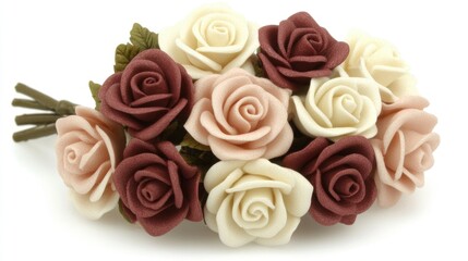 Aufkleber - Elegant arrangement of cream and soft pink roses with delicate leaves on a bright white background showcasing floral beauty and charm