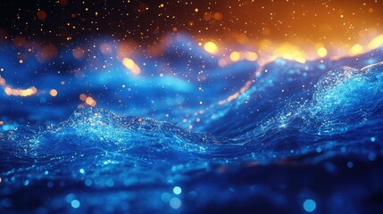 Poster - Abstract blue water splash with shimmering bokeh background and vibrant light reflections suitable for creative designs and digital artworks