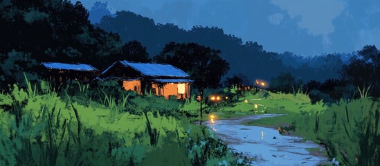 Poster - Village landscape at night illuminated by glowing street lights and soft reflections on a serene path amidst lush greenery.