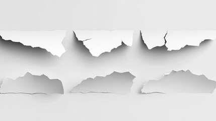 Poster - Ripped white paper pieces on a light gray background, displaying various tear shapes and shadows, suitable for backgrounds or overlays, texture, creative design, abstract, stationery.