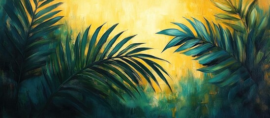 Poster - Lush coconut leaves framing a vibrant tropical sunset sky against a backdrop of summer foliage and palm trees