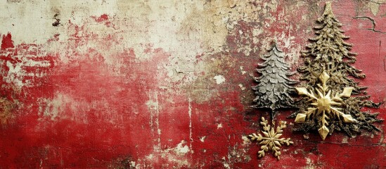 Poster - Festive red background with gold snowflake and tree decorations creating a traditional holiday atmosphere for Christmas and New Year celebrations