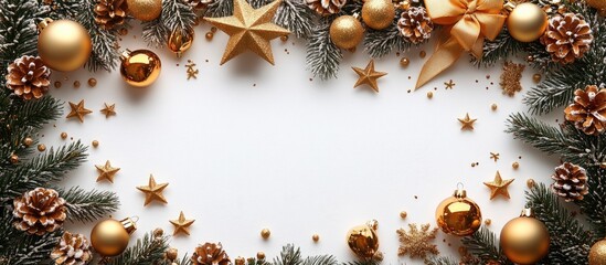 Poster - Gold Christmas decorations with bows, stars, and bells arranged on a white background, creating a festive flat lay with empty copy space.