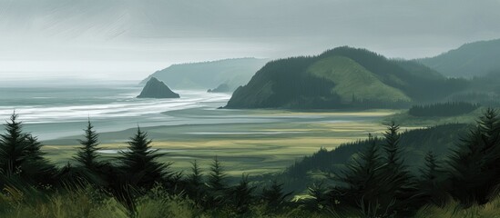Poster - serene morning beach landscape with misty mountains and gentle waves under a calm sky depicting tranquility and natural beauty