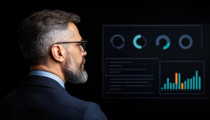Leinwandbilder - A man with a beard and glasses analyzes digital data on a screen, showcasing graphs and metrics in a dark environment.