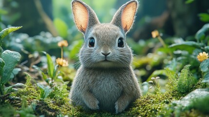 Poster - Adorable large wild rabbit in a lush green forest setting surrounded by vibrant flora and soft natural light
