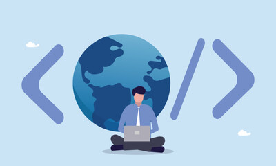software engineer coding on laptop  with coding symbol, www application coding, technology create online cyberspace software connect through the internet concept, software engineer.