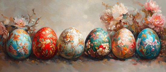 Aufkleber - Easter celebration aesthetic with beautifully painted eggs and floral accents in a charming vintage style artwork