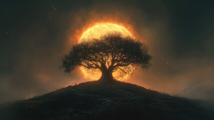 Poster - Majestic silhouette of an ancient tree against a dramatic sunset creating a serene and mystical atmosphere in nature.