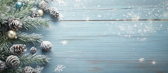 Aufkleber - Winter Christmas backdrop with fir branches and pine cones adorned by snow on rustic wooden texture creating a cozy festive atmosphere.