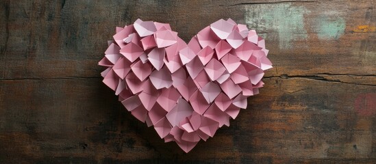 Poster - Handcrafted pink paper heart on rustic wooden surface perfect for romantic themes and creative projects