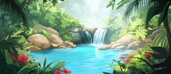 Aufkleber - Tropical oasis with vibrant blue waters and lush greenery creating a serene natural escape amidst cascading waterfalls and colorful flowers.