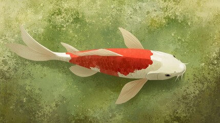 Poster - Graceful koi fish swimming in a serene pond surrounded by lush green aquatic vegetation
