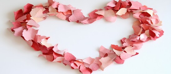 Fototapete - Pink heart shape made from shredded craft paper arranged artistically on a clean white background for creative design projects.