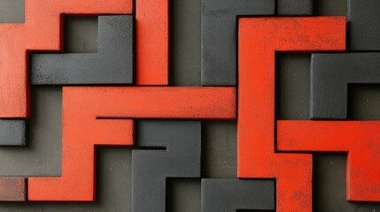 Poster - Masonry wall design featuring a vibrant geometric pattern created with red and black bricks for a striking architectural element