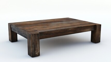 Poster - Rustic wooden coffee table with a textured surface and sturdy legs, presented from an alternative angle, interior design, furniture, home decor, minimalistic style.