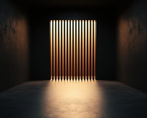 Aufkleber - A dimly lit room features vertical light beams casting a warm glow, creating a striking contrast against the dark walls and floor.