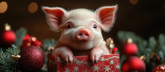 Poster - Newborn pig in a decorated present box surrounded by festive holiday ornaments and fir branches celebrating Christmas and New Year joy