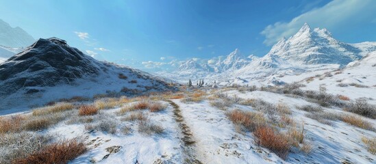 Poster - Snowy mountain landscape in early winter with a winding path under a clear blue sky and sparse vegetation in the foreground