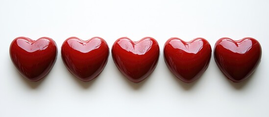 Poster - Red glossy hearts arranged in a line on a clean white background symbolizing love and affection in a simple yet elegant design.