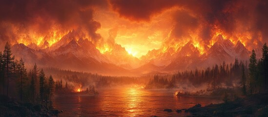 Poster - Majestic valley landscape with a dramatic bonfire illuminating the fiery mountains and serene water at sunset
