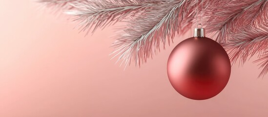 Aufkleber - Festive red Christmas ornament hanging from a snowy pine branch on a soft pink background for holiday celebrations and decorations.