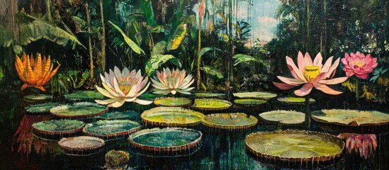 Poster - Vibrant wetland landscape featuring colorful water lilies amidst lush tropical vegetation in a serene natural setting.