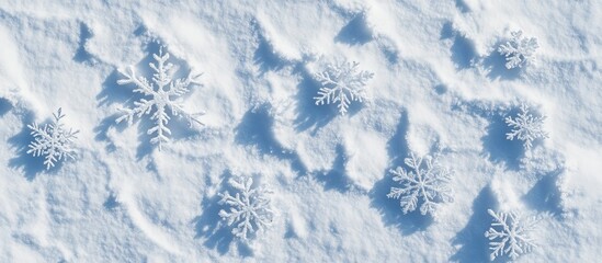 Poster - Realistic snowflakes scattered on a pristine snow surface creating a serene winter scene