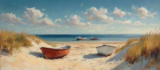 Poster - Deserted Beach Scene with Sand Dunes and Colorful Fishing Boats Under Blue Sky