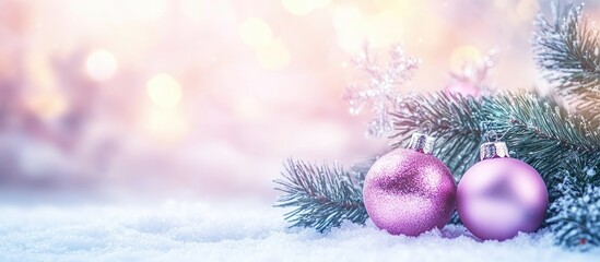 Poster - Pink Christmas ornaments nestled in snow with festive decorations and shimmering snowflakes creating a magical winter atmosphere.